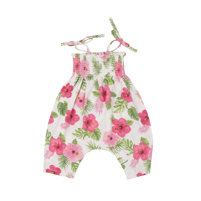 Angel Dear | Bamboo Tie Strap Smocked Romper | Hibiscus