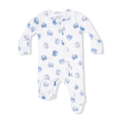 White baby onesie with blue crab pattern on a white background