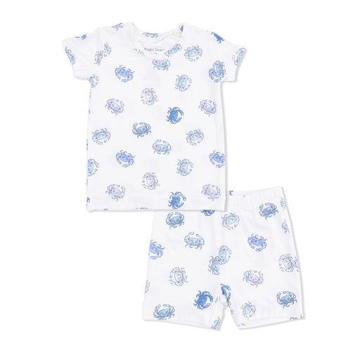 Children's pajama set with blue crab pattern on a white background