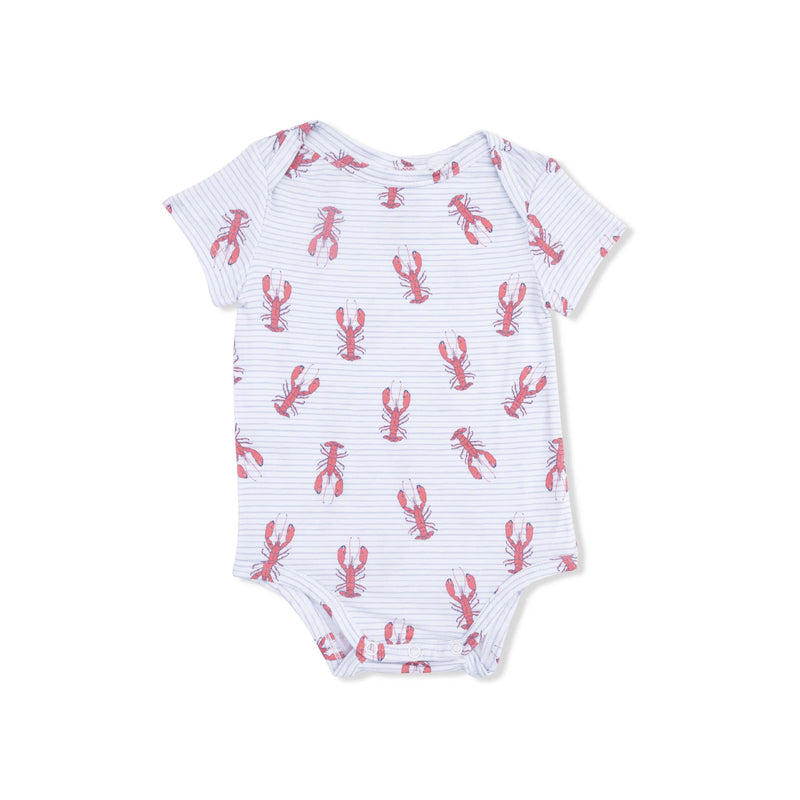Baby onesie with red lobster pattern on a white background