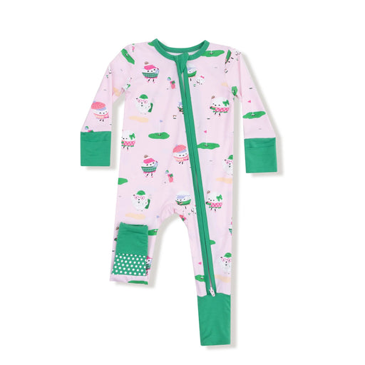 baby girl golf themed romper with green zipper and pink pattern on a white background