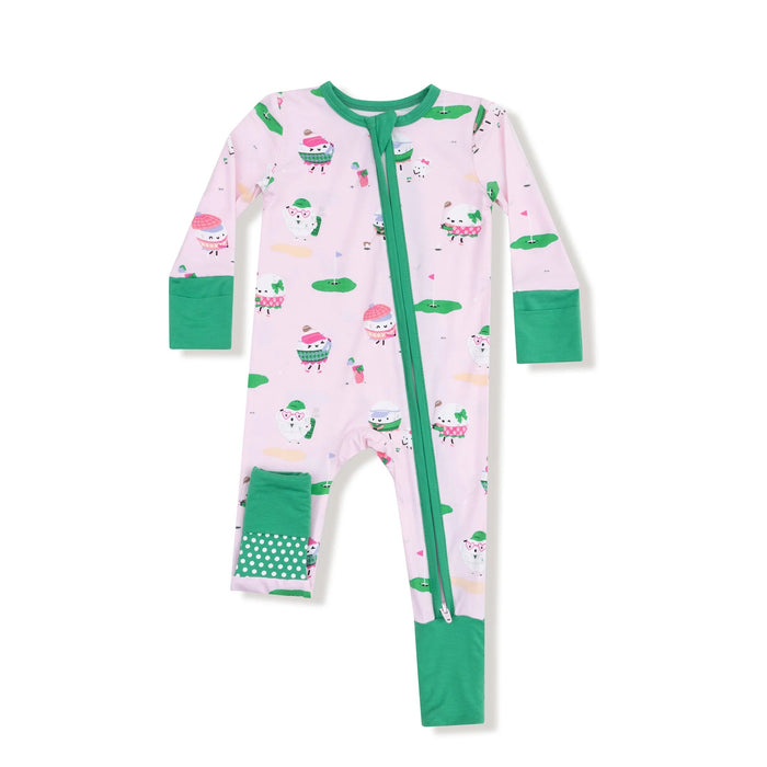 baby girl golf themed romper with green zipper and pink pattern on a white background