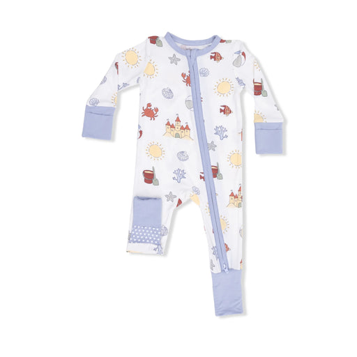 Baby onesie with sea-themed print on a white background