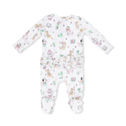 Baby onesie with colorful animal pattern on a white background
