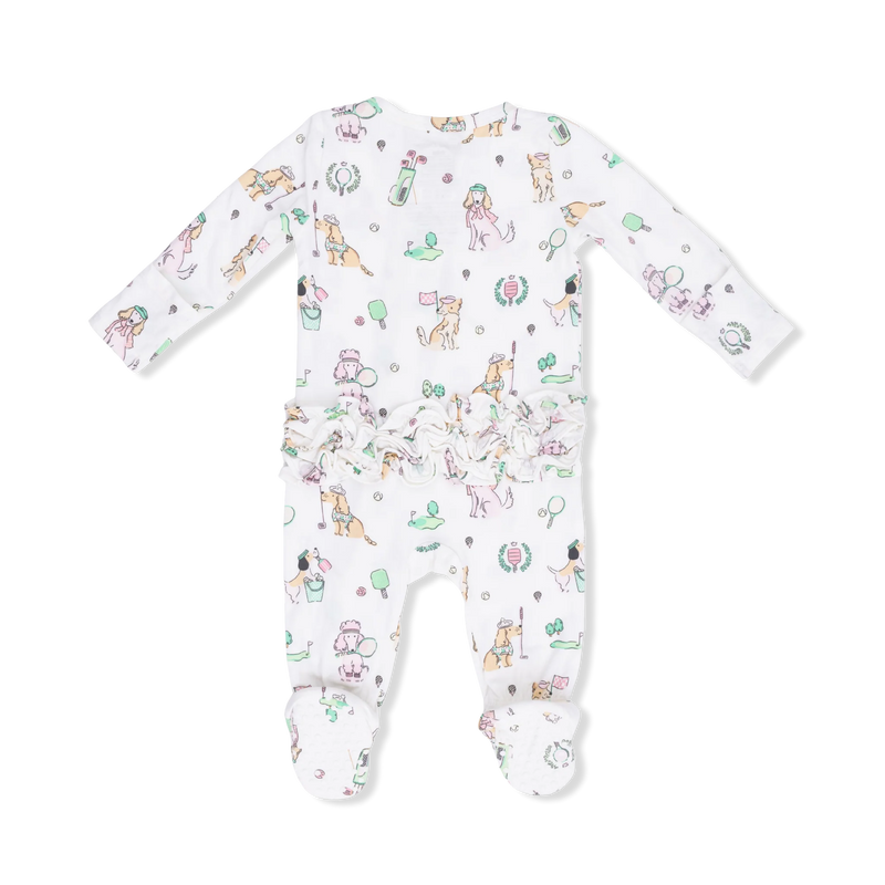 Baby onesie with colorful animal pattern on a white background