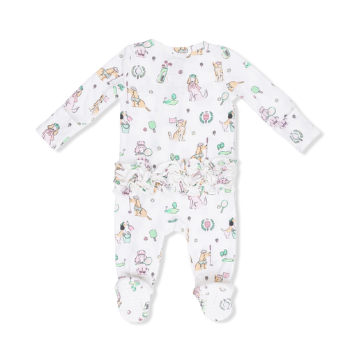 Baby onesie with colorful animal pattern on a white background