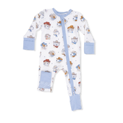 Baby onesie with cowboy dog pattern on a white background