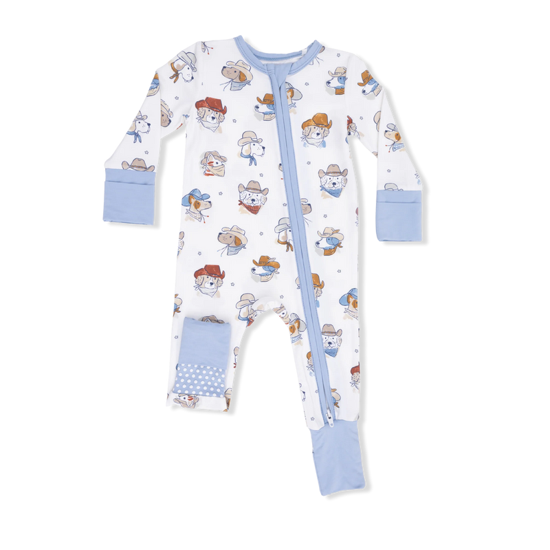 Baby onesie with cowboy dog pattern on a white background