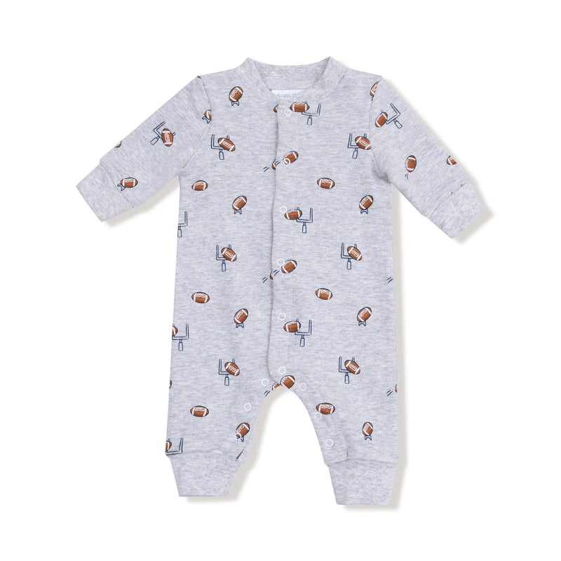 Gray baby onesie with football pattern on a white background