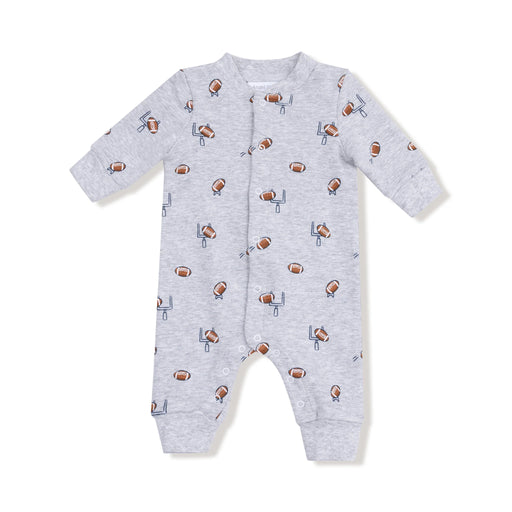 Gray baby onesie with football pattern on a white background