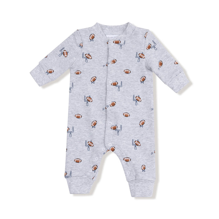 Gray baby onesie with football pattern on a white background