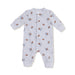 Gray baby onesie with football pattern on a white background