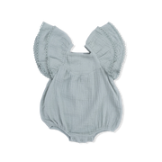 Light green baby romper with ruffled sleeves on a white background