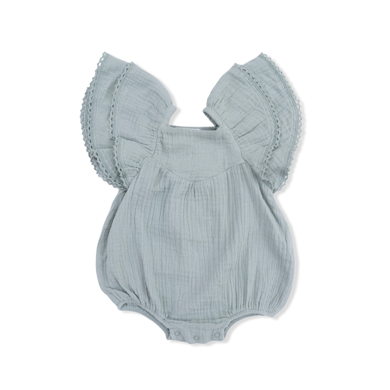 Light green baby romper with ruffled sleeves on a white background