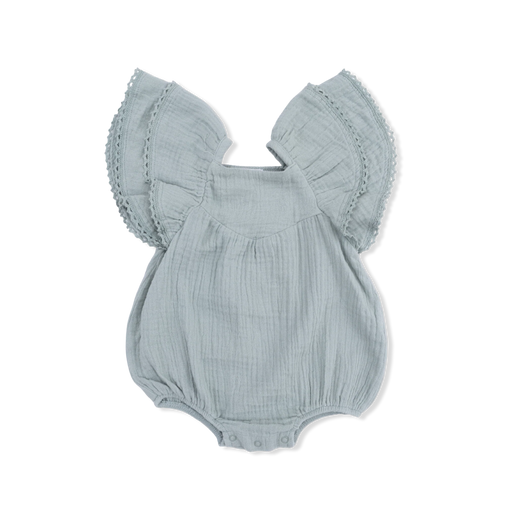 Light green baby romper with ruffled sleeves on a white background