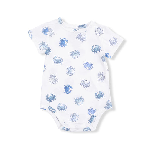 White baby onesie with blue crab pattern on a white background
