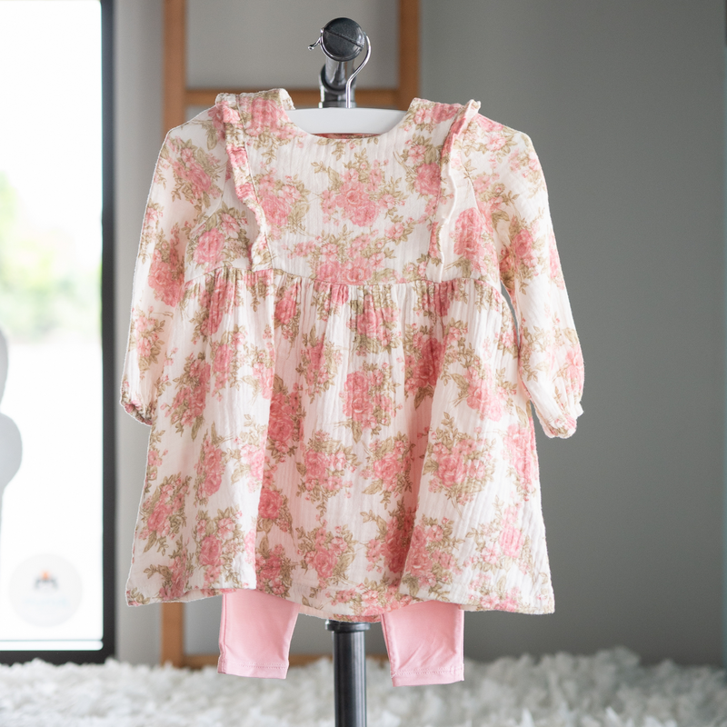 long sleeve floral pink muslin dress and pink legging set