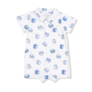 White baby romper with blue crab pattern on a white background