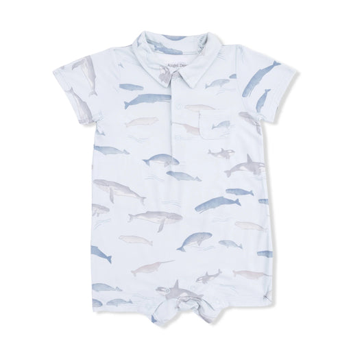 Baby romper with whale pattern on a white background