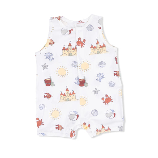 Baby romper with beach-themed print on a white background