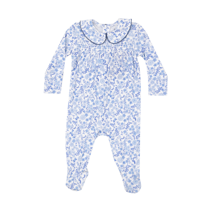 Angel Dear Floral Smocked Footie with Peter Pan Collar| Blue Calico Floral