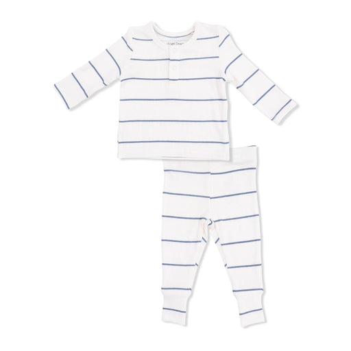 White pajama set with blue stripes on a white background