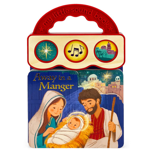 Children's book titled 'Away in a Manger' with illustrations of Mary, Joseph, and baby Jesus, featuring sound buttons on a white background.