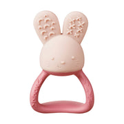Pink bunny-shaped teething ring on a white background