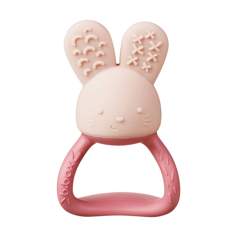 Pink bunny-shaped teething ring on a white background