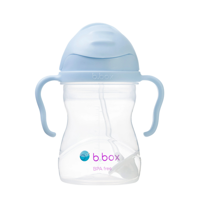 Baby sippy cup with blue lid and handles on a white background