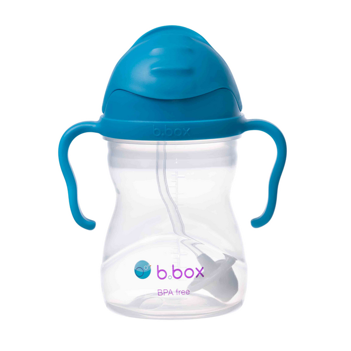 Blue sippy cup with clear body on a white background