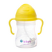 Clear sippy cup with yellow lid and handles on a white background, featuring the b.box logo.