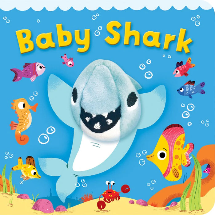 Illustrated book cover of 'Baby Shark' with a shark character and sea creatures on a blue background.