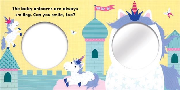 Inside pages of Baby Unicorns board book showing a unicorn near a castle with a round mirror cutout for the child to see their face