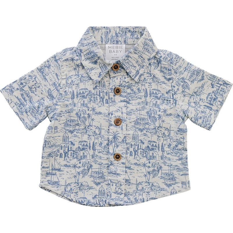 Short-sleeve shirt with blue pattern on a white background