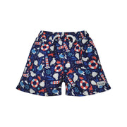 Navy blue swim shorts withautical pattern on a white background