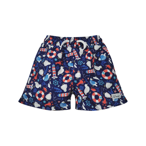 Navy blue swim shorts withautical pattern on a white background
