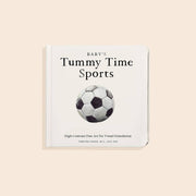 Book titled 'Baby's Tummy Time Sports' with a soccer ball illustration on a beige background