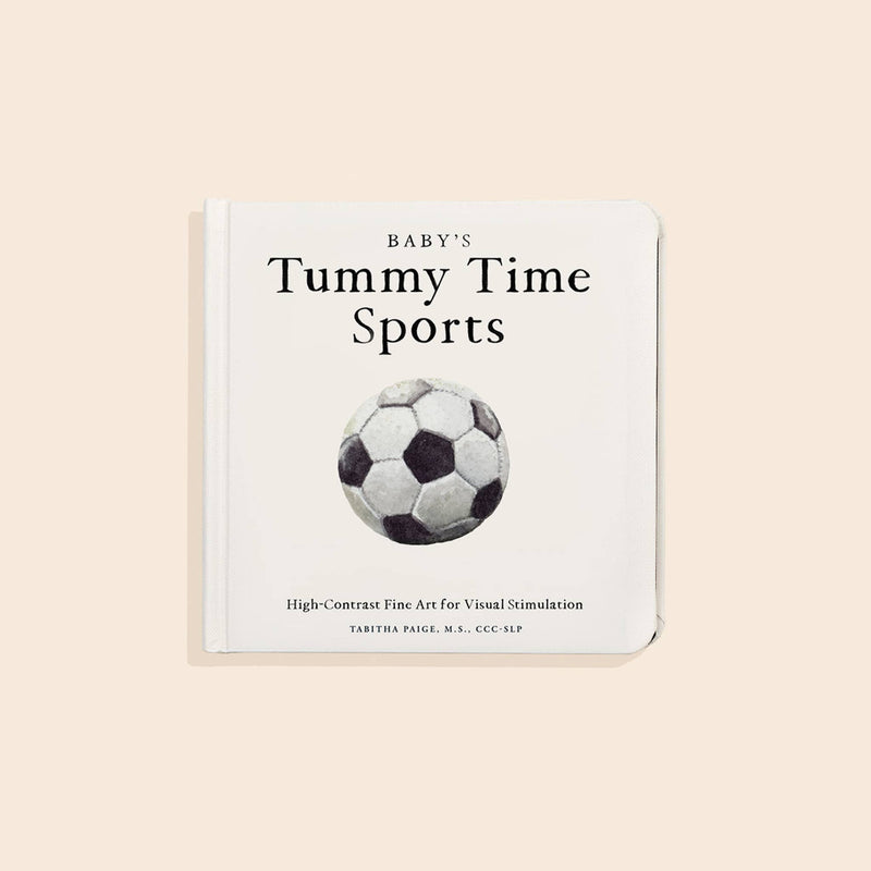 Book titled 'Baby's Tummy Time Sports' with a soccer ball illustration on a beige background