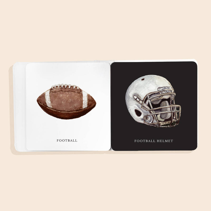 Illustrations of a football and a football helmet on a white and black card respectively.