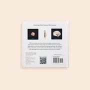 Back cover of a book with illustrations and text on a beige background