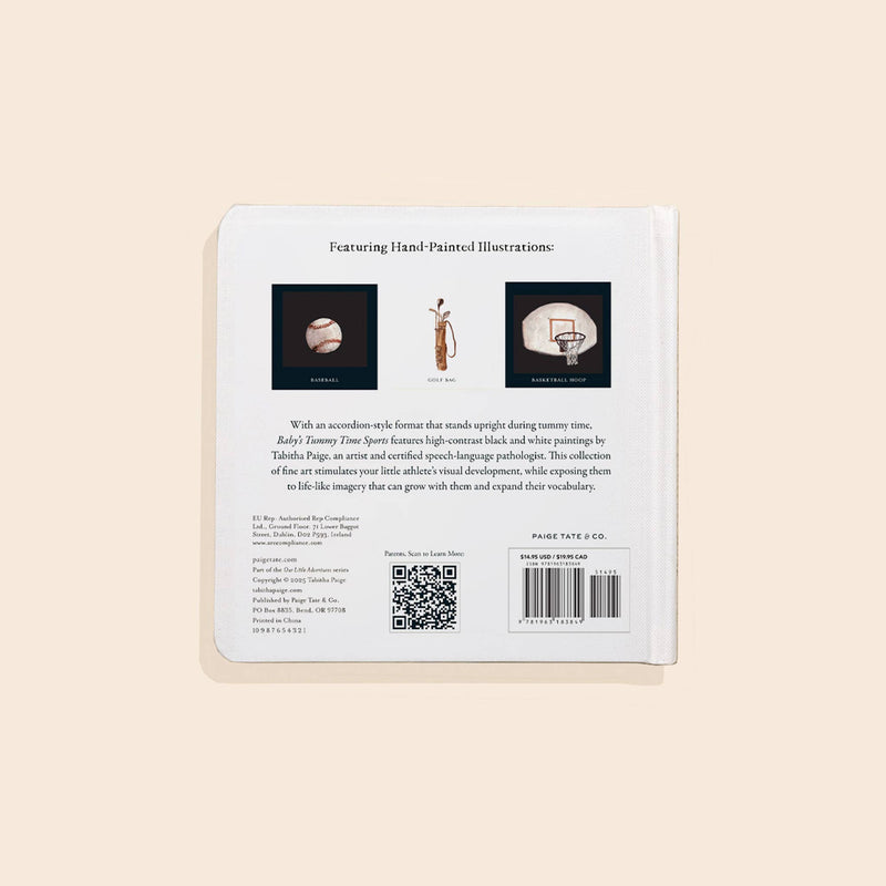Back cover of a book with illustrations and text on a beige background