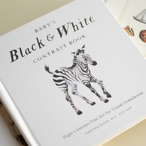 Book titled 'Baby's Black & White Contrast Book' with a zebra illustration on a light background.