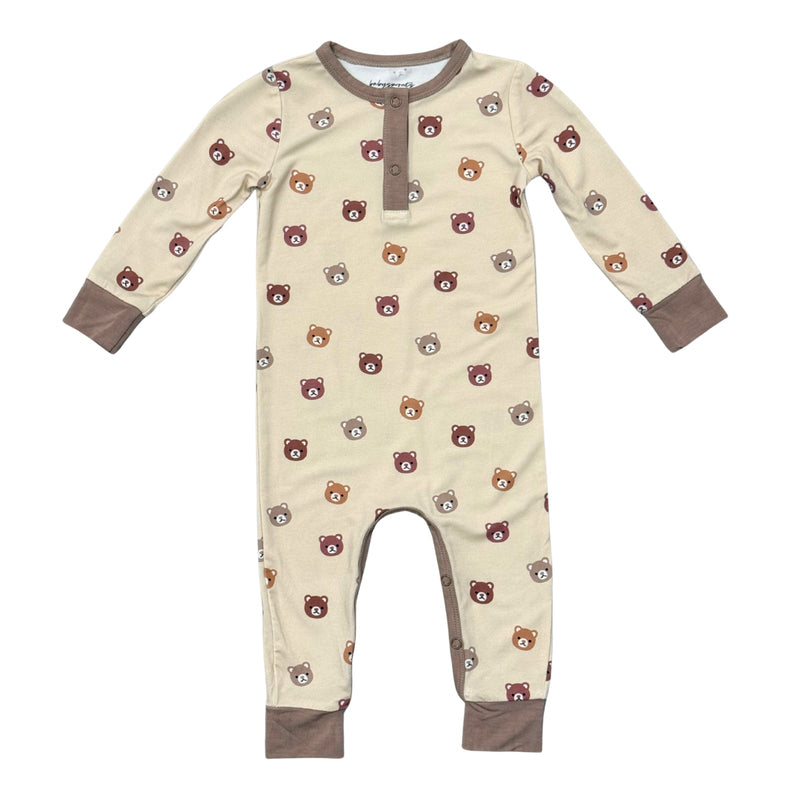 babysprouts Bamboo Snap Romper in Baby Bear print with brown cuffs