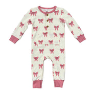 babysprouts Waffle Romper in Rose Elegance Bows with pink cuffs and snap front