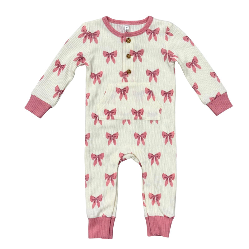 babysprouts Waffle Romper in Rose Elegance Bows with pink cuffs and snap front