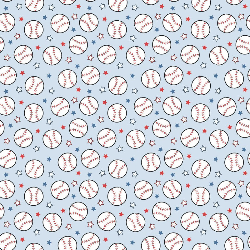 Pattern of baseballs and stars on a light blue background