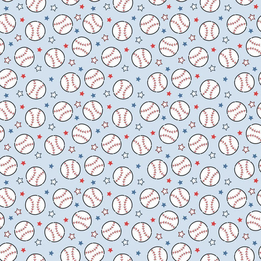 Pattern of baseballs and stars on a light blue background