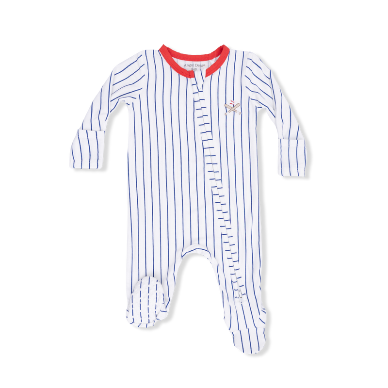 Baby onesie with blue and white striped pattern on a white background