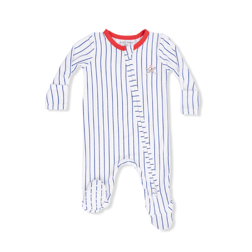Baby onesie with blue and white striped pattern on a white background
